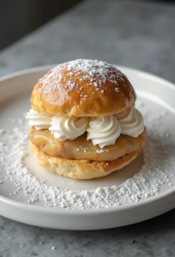 Semla mit Marzipan, mit Puderzucker bestreutes Sahnegebäck in rustikaler Anrichtung