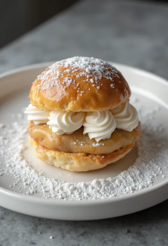 Semla mit Marzipan, mit Puderzucker bestreutes Sahnegebäck in rustikaler Anrichtung