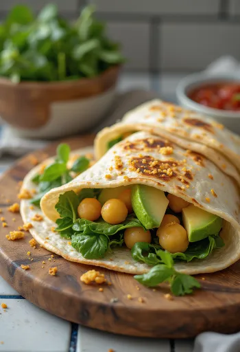 Spinat-Wrap mit Kichererbsen, Avocado und frischem Gemüse serviert