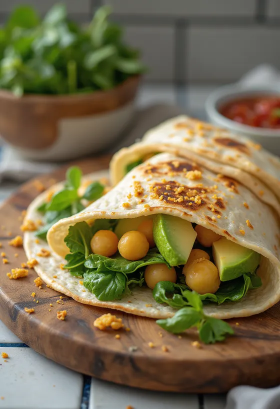 Spinat-Wrap mit Kichererbsen, Avocado und frischem Gemüse serviert