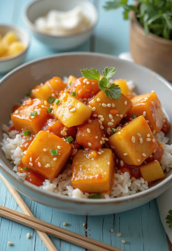 Gebratener Tofu Süß-Sauer mit Paprika und Ananas