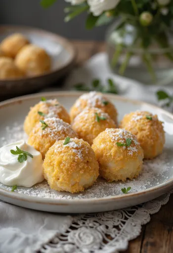 Weiche Quarkknödel mit süßem Schmand und gerösteten Semmelbröseln bestreut.