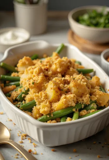 Servierter veganer grüner Bohnenauflauf mit Kartoffeln