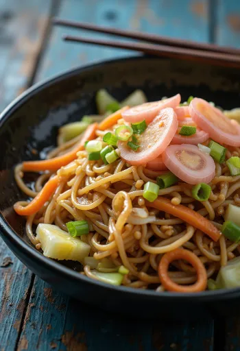 Yakisoba mit Gemüse, gebratene Nudeln mit buntem Gemüse serviert