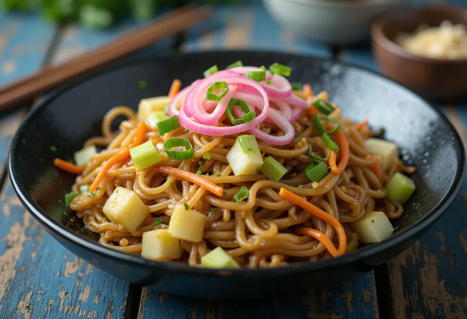 Yakisoba mit Gemüse, gebratene Nudeln mit buntem Gemüse serviert