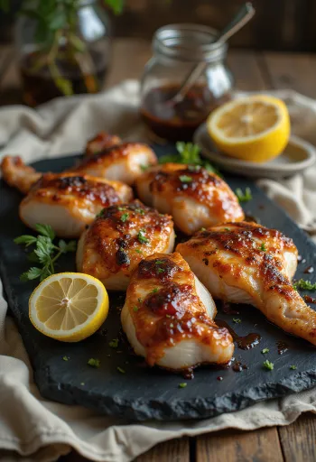 Servierte gegrillte Klapperschlange auf einer Holzplatte mit BBQ-Sauce.