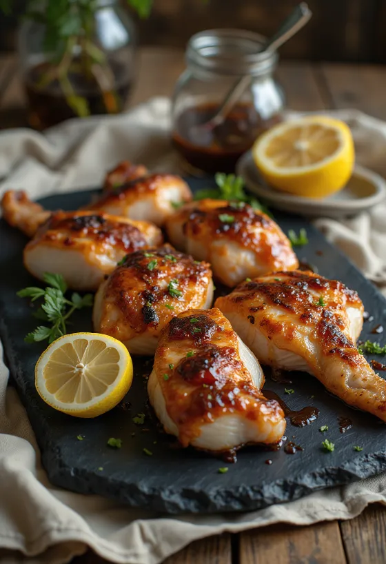 Servierte gegrillte Klapperschlange auf einer Holzplatte mit BBQ-Sauce.