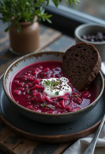 Traditioneller Borschtsch mit Roter Bete, Karotten und saurer Sahne serviert.
