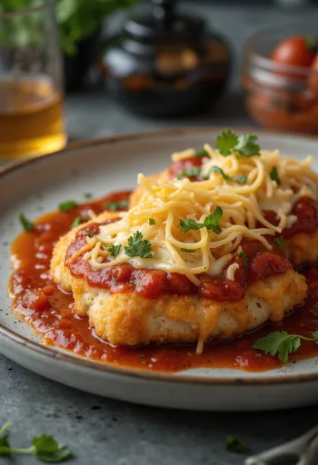 Chicken Parmigiana serviert mit Pasta und frischem Basilikum