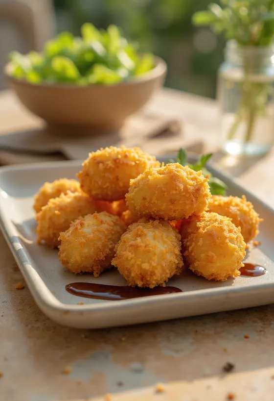 Korokke mit Rauchfleischfüllung serviert, knusprige Panade