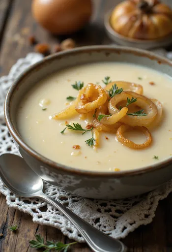 Kartoffelcremesuppe mit Zwiebeln serviert