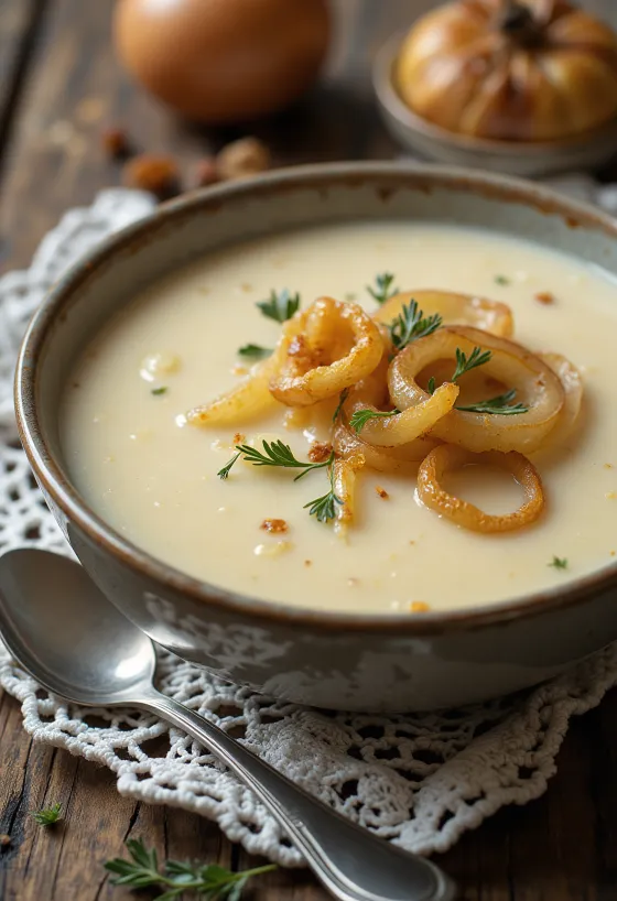 Kartoffelcremesuppe mit Zwiebeln serviert