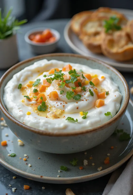 Joghurt-Dill-Sauce mit Gurke serviert