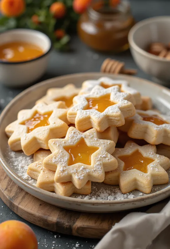 Honig-Linzer mit Puderzucker bestreut, gefüllt mit Marmelade