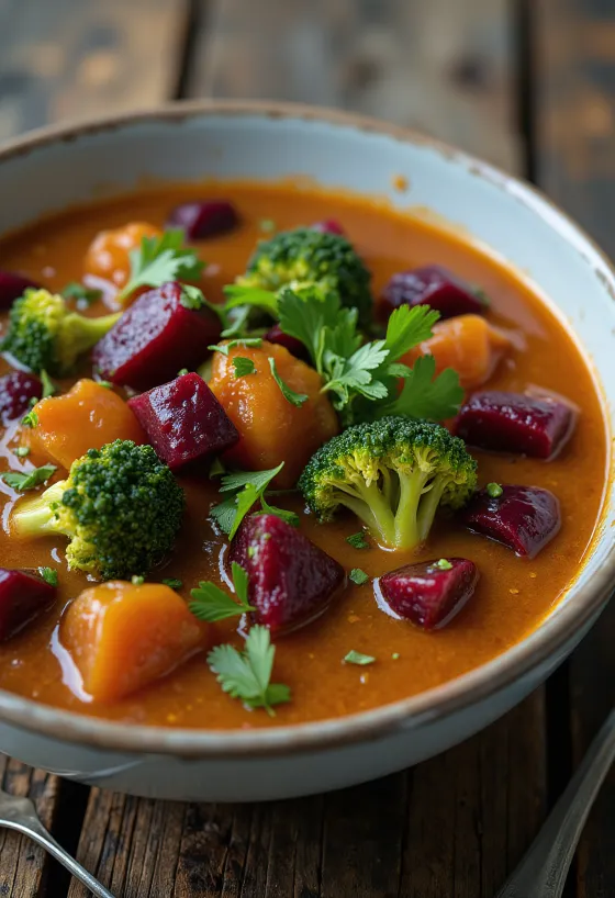 Präbiotisches Brokkoli-Rote-Bete-Ragout, garniert mit frischem Koriander