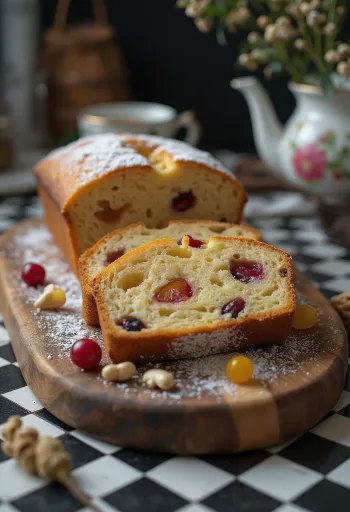 Bischofsbrot in Scheiben, mit Rosinen, Nüssen und kandierten Früchten