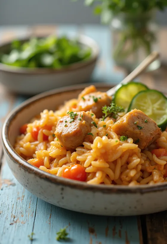 Reisfleisch mit saftigem Schweinefleisch und reichlich Gemüse.