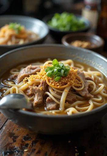Wandu Kalguksu, koreanische Rind- und Hühnersuppe, serviert mit frischen Nudeln, Koriander und Sesam