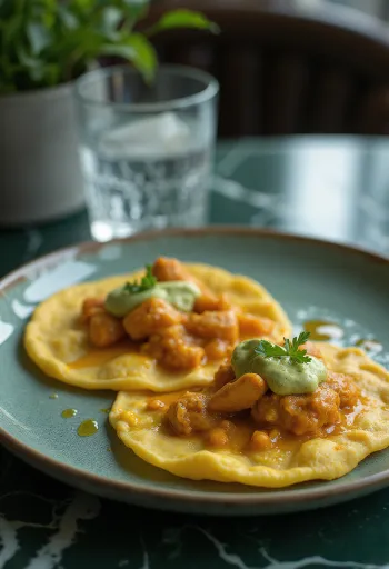 Doubles mit grünem Mango-Chutney, frischen, würzigen Hähnchenschenkeln und reichem Mango-Chutney