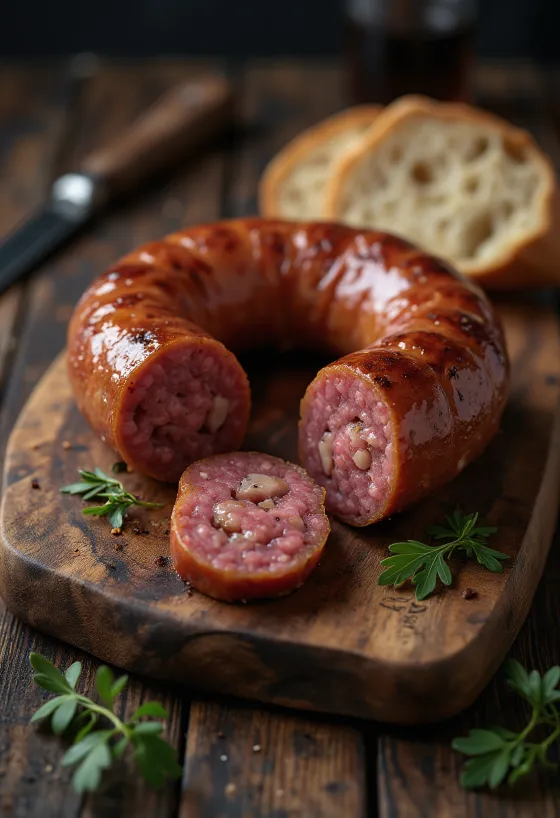 Geräucherte Wurst in Scheiben geschnitten, serviert mit frischem Brot und Paprika.
