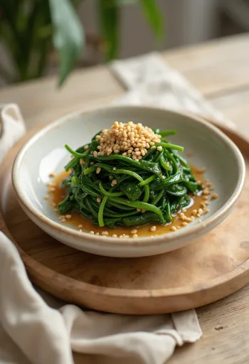 Spinat-Gomae, mit Sesam und Dressing serviert