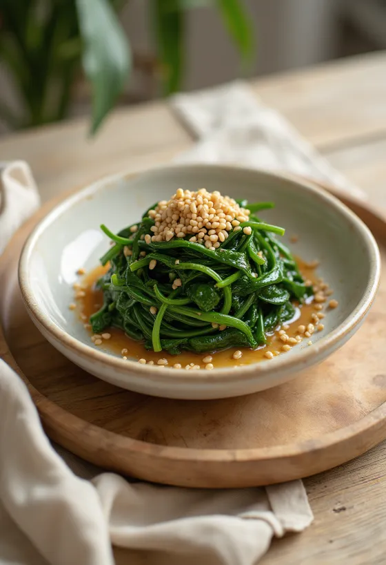 Spinat-Gomae, mit Sesam und Dressing serviert