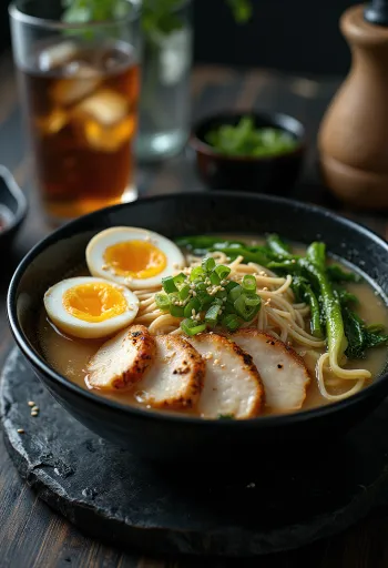 Halal Ramen serviert mit Hähnchen, Pak Choi und Ei