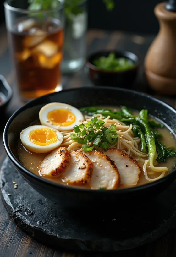 Halal Ramen serviert mit Hähnchen, Pak Choi und Ei