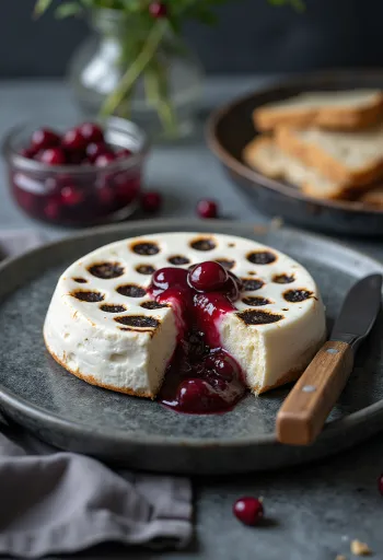 Leipäjuusto, goldbraun gebackener finnischer Käse, rund, auf Holzteller
