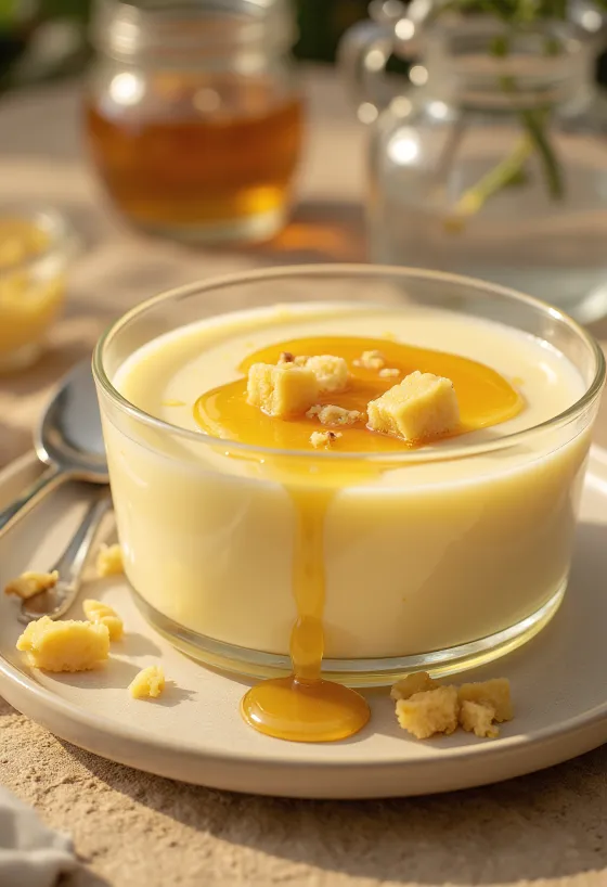 Honig-Vanille-Pudding im Glas, mit Minze dekoriert