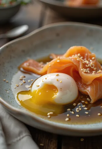 Onsen-Tamago mit Räucherlachs, frischem Koriander und Sojasauce