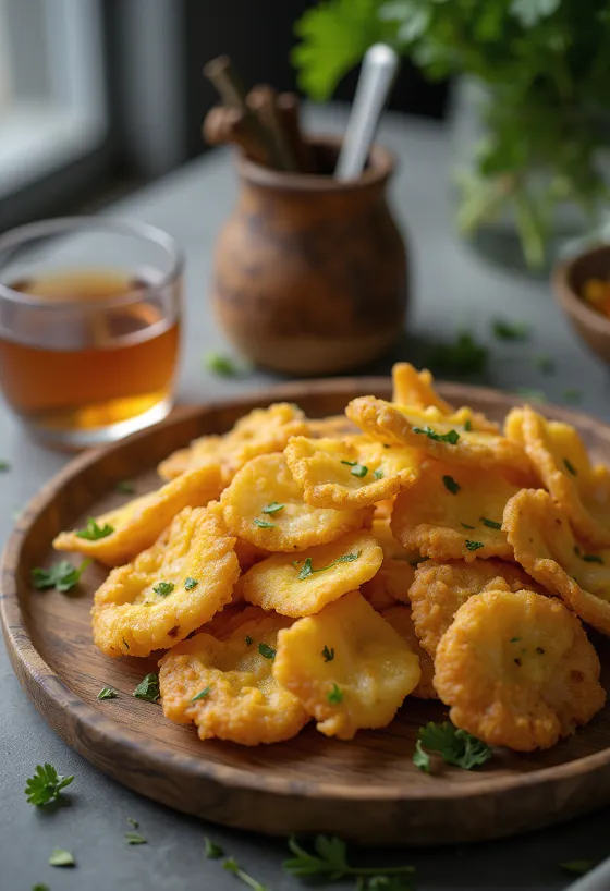 Pakora mit Aubergine, knusprig und würzig serviert