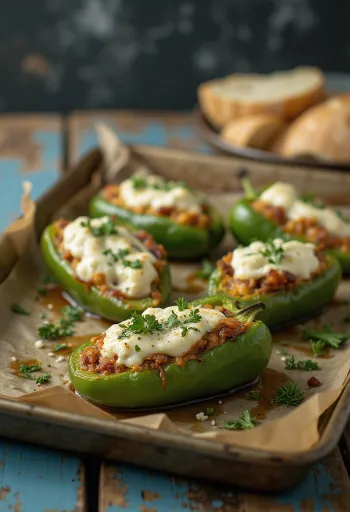 Paprika mit Feta serviert, mit frischer Petersilie garniert