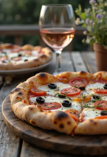 Pizza Provençale mit Tomaten, schwarzen Oliven und Kräutern der Provence