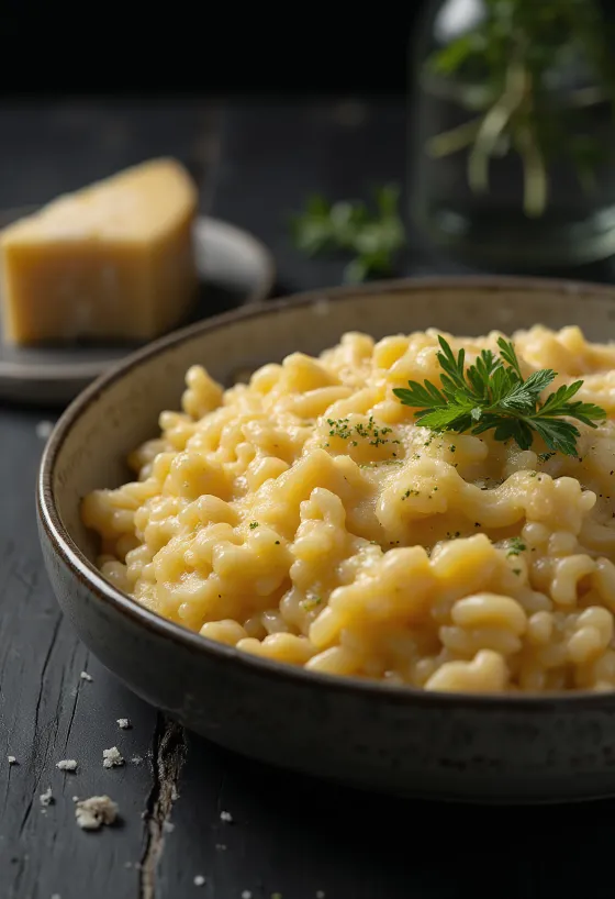 Cremiges Käserisotto mit Parmesan und Pecorino bestreut serviert