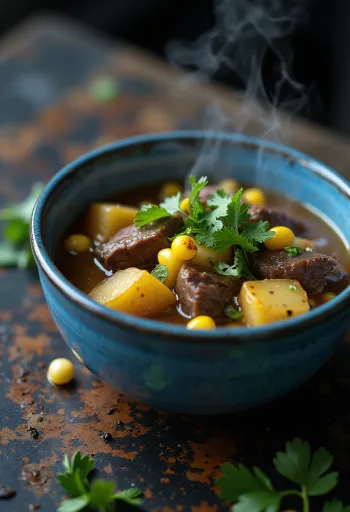 Caldillo mit Rindfleisch, serviert als reiche, würzige Suppe, garniert mit frischem Koriander