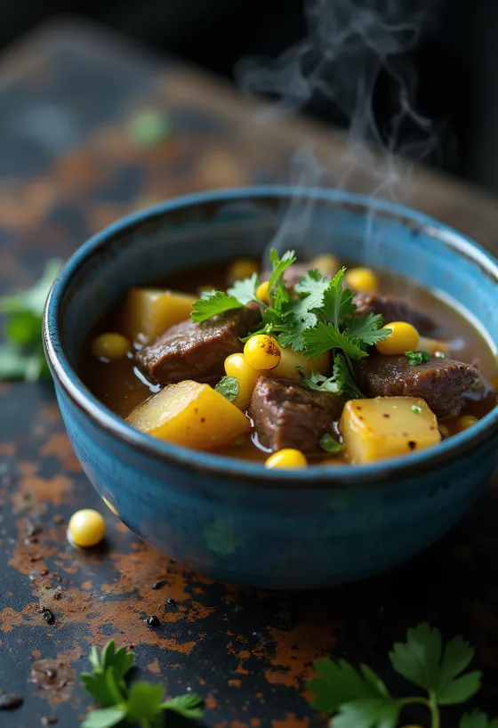 Caldillo mit Rindfleisch, serviert als reiche, würzige Suppe, garniert mit frischem Koriander