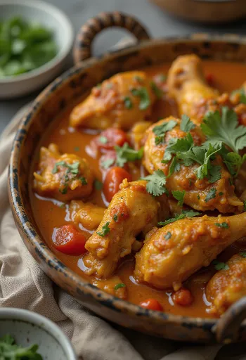 Serviertes Chicken Balti Curry mit Naan-Brot und Basmati-Reis.