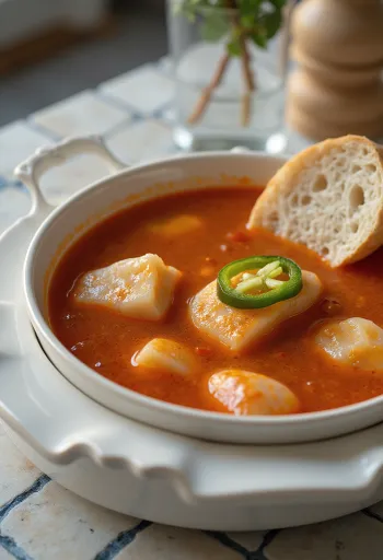 Fischsuppe aus frischem Karpfen, serviert mit rotem Paprikasud und scharfem Paprika