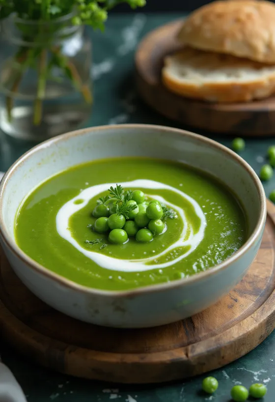 Cremige Erbsencremesuppe mit Minze serviert