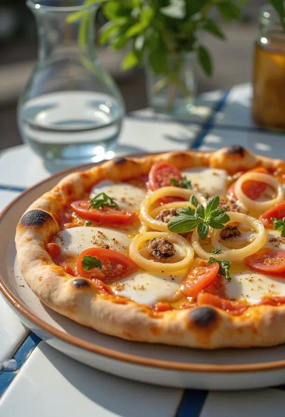 Pizza Pugliese mit roten Zwiebeln und Sardellen