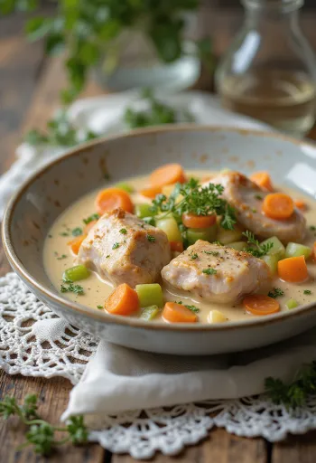Kaninchenfrikassee serviert mit cremiger Sauce und garniert mit frischer Petersilie