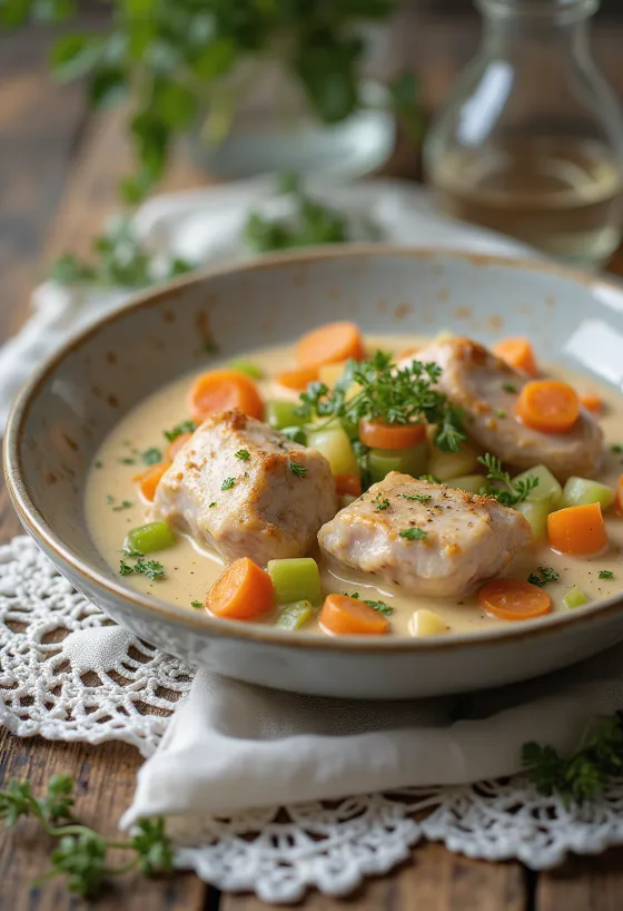 Kaninchenfrikassee serviert mit cremiger Sauce und garniert mit frischer Petersilie