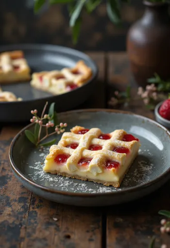 Rákóczi-Quark-Blechkuchen mit goldener Baiserhaube und Aprikosenmarmelade