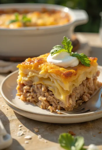 Traditioneller Sauerkrautauflauf, geschichtet mit Hackfleisch und Reis, mit Schmand serviert.