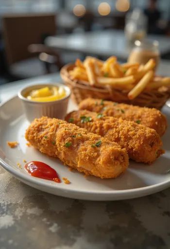 Goldbraun gebackene panierte Würstchen, serviert mit frischem Senf und Ketchup.