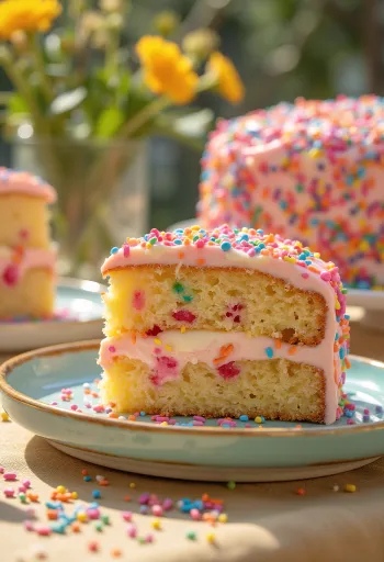 Konfetti-Torte mit bunten Zuckerstreuseln dekoriert