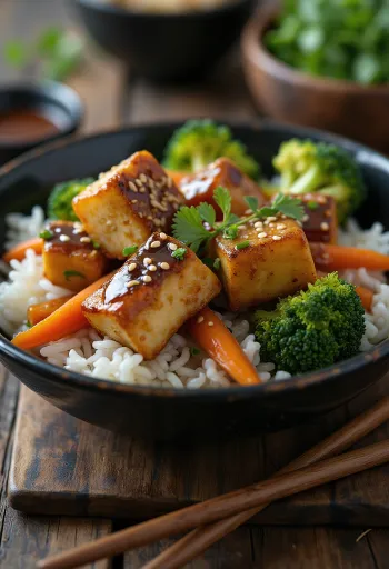 Sesam-Tofu mit Gemüse, geröstetem Sesam und frischem Gemüse serviert.