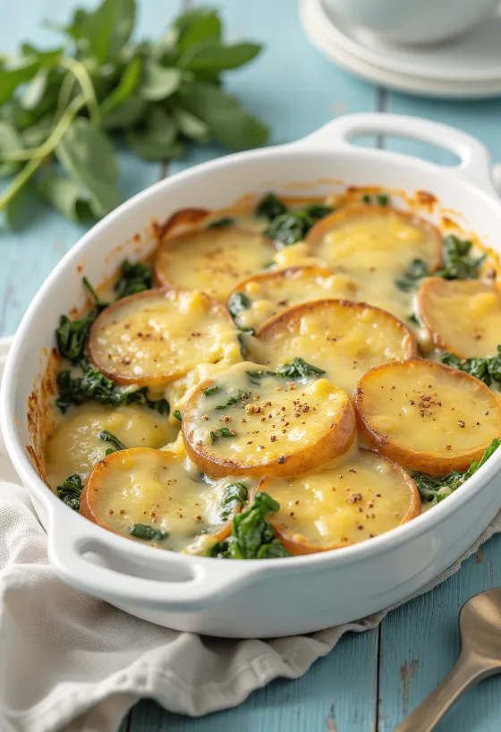 Servierter veganer Spinat-Kartoffel-Auflauf