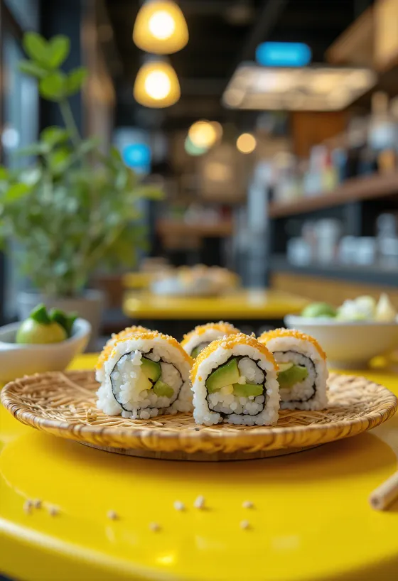 Veganes Sushi mit Nori-Algen, Avocado und Sesam verziert